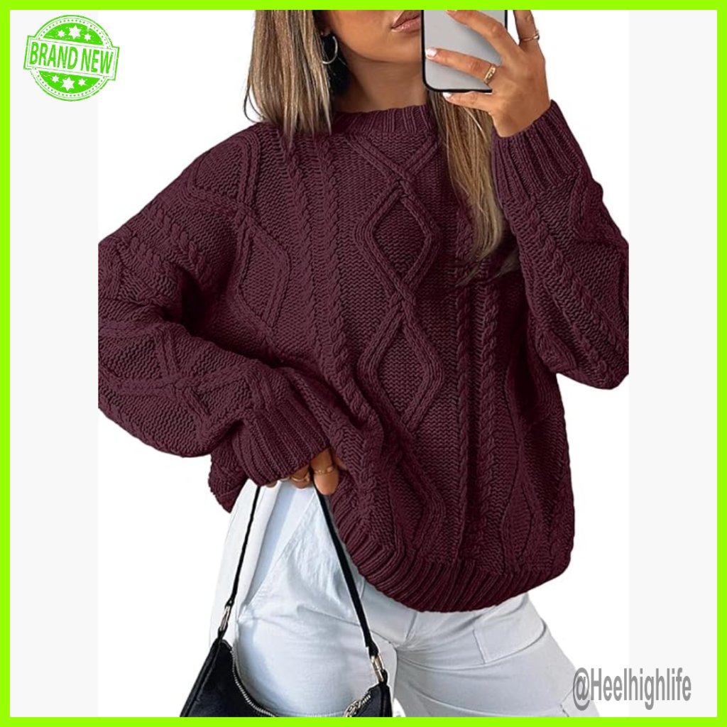 Oversized Cable Knit Crewneck Sweater, Cotton Blend, Relaxed Fit, Long Sleeve